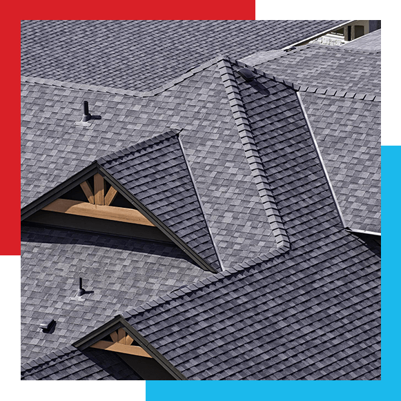 Rooftop in a newly constructed subdivision in Kelowna British Columbia Canada showing asphalt shingles and multiple roof lines